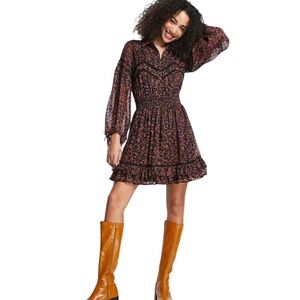 Topshop Black Floral Prairie Ruffled Dress Size 14